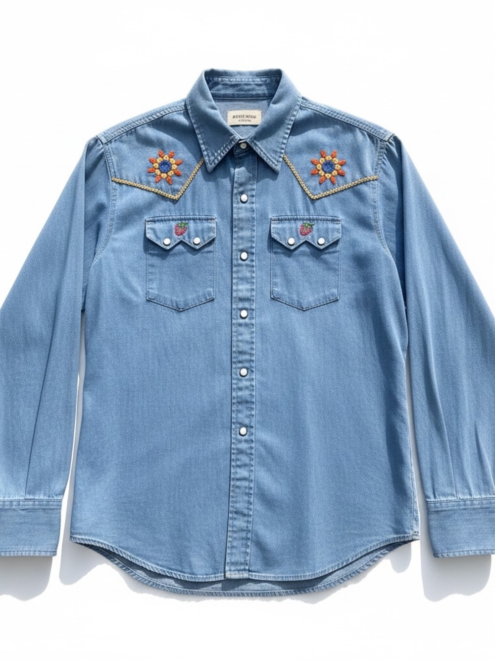 Vtg 70s Sears Embroidered Chambray Pearl Snap Shirt Sz L/XL Boho 17x34 Thrashed